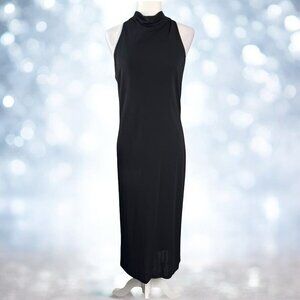 LAUREN Ralph Lauren Midi Dress Black Stretch Jersey Halterneck Womens Size L